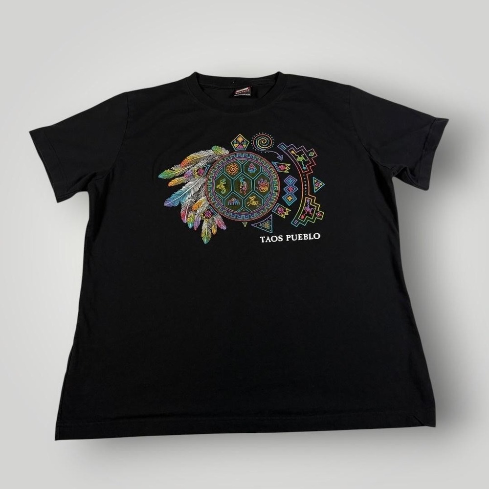 Sportex Shirt Mens Large Black Taos Pueblo Embroidered Graphic Tee Southwestern